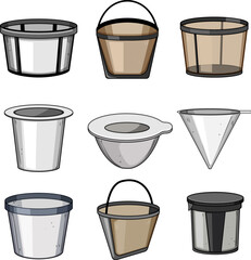 reusable coffee filter set cartoon vector illustration
