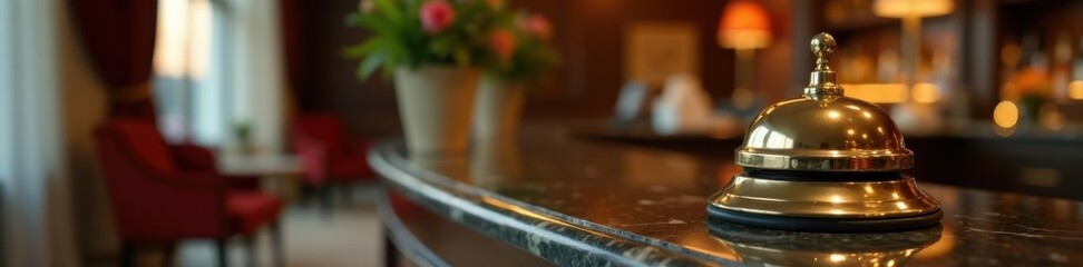Brass service bell on elegant hotel reception desk, front, desk