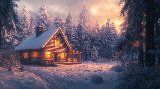 A Cozy Log Cabin Surrounded by Snowy Winter Trees in Nature