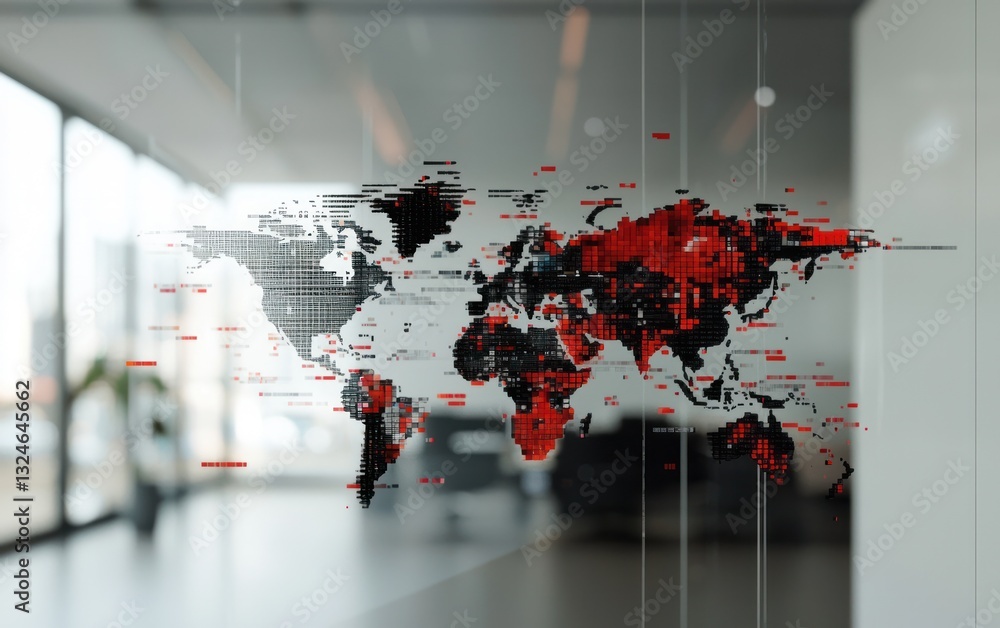 Poster abstract red and black world map data visualization on glass