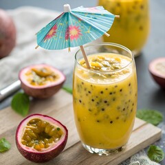 A tropical passion fruit juice cocktail with an umbrella garnish and fresh fruit slices. A perfect summer refreshment with exotic flavors.