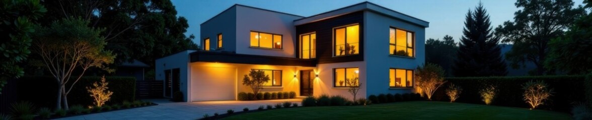 Brightly lit modern home, dark landscaped yard , plants, composition