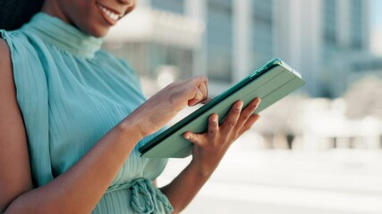 City, businesswoman and developer with tablet for research, market information and online for review. Hands, female person and real estate agent with tech for application, property listing and smile