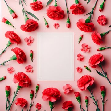 Mockup of white rectangular blank paper sheet laying on pink background with red carnation flowers and wedding style. Mother's day concept. Creative spring greeting card design. Floral frame mockup