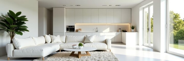 Bright white living room, seamless flow to modern kitchen, simple, luxury