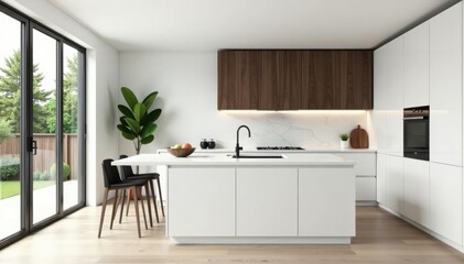 Fototapeta premium Bright white kitchen, dark wood accents, marble countertops , dark wood, design