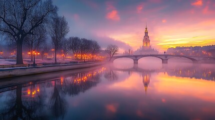 Serene Cityscape Sunrise with Bridge and Tower Reflection