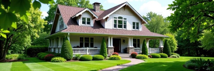 Charming Craftsman style home with lush landscaping, tree, plants
