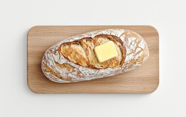 Crusty Sourdough Bread Loaf with Butter on Wooden Board