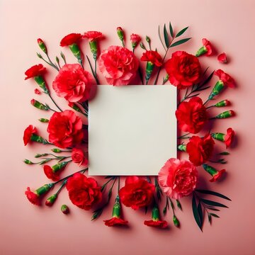 Mockup of white rectangular blank paper sheet laying on pink background with red carnation flowers and wedding style. Mother's day concept. Creative spring greeting card design. Floral frame mockup