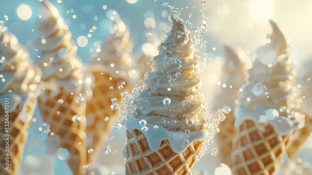 Poster Refreshing soft serve ice cream cones with water splash.