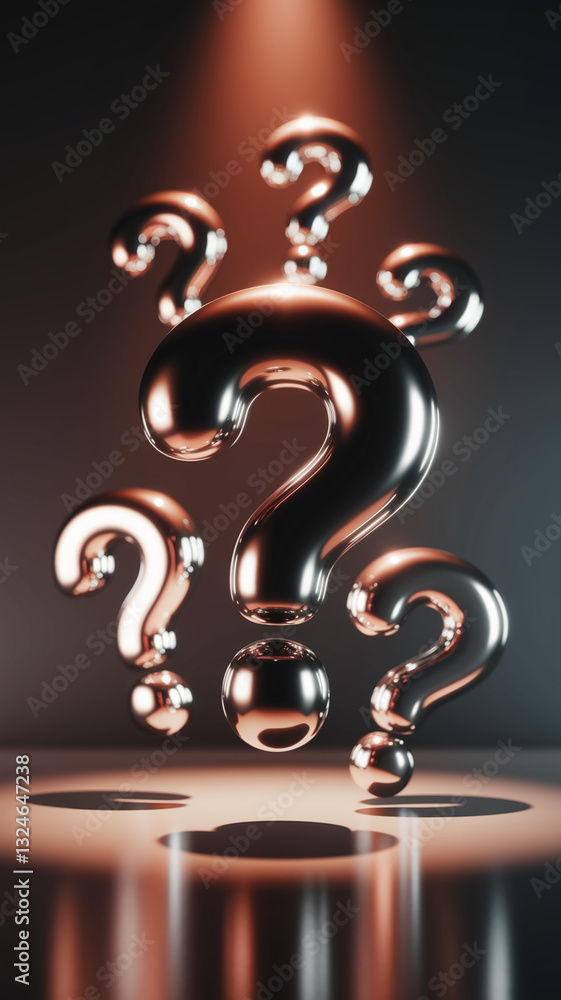 Poster Metallic question marks float, illuminated by spotlight, on reflective surface, symbolizing inquiry, uncertainty, or problem-solving