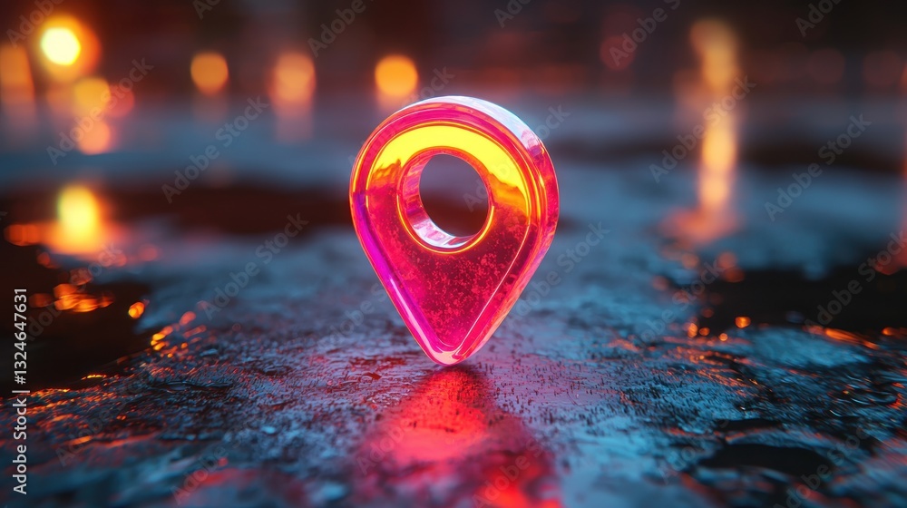 Poster abstract glowing map pointer icon on a wet surface with city lights