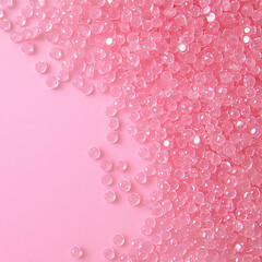 A pink background with small transparent plastic round particles scattered throughout the surface Made with generative AI