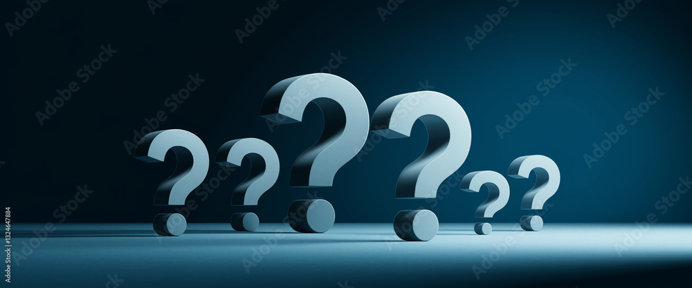 Poster several 3d question marks on dark blue background, creating a scene of uncertainty or inquiry, suita