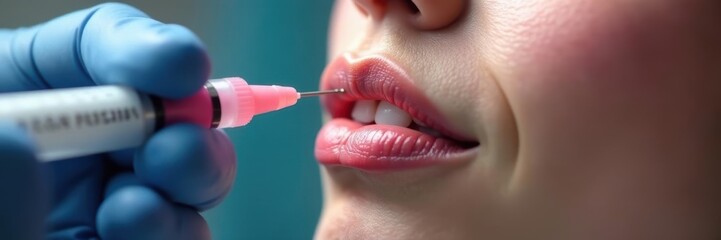 Fototapeta premium Close-up of a syringe injecting filler into facial skin , wellness, aesthetics