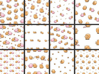 Cute kawaii pomeranian dog. Seamless pattern. Cartoon character. Vector drawing. Collection of design ornaments.