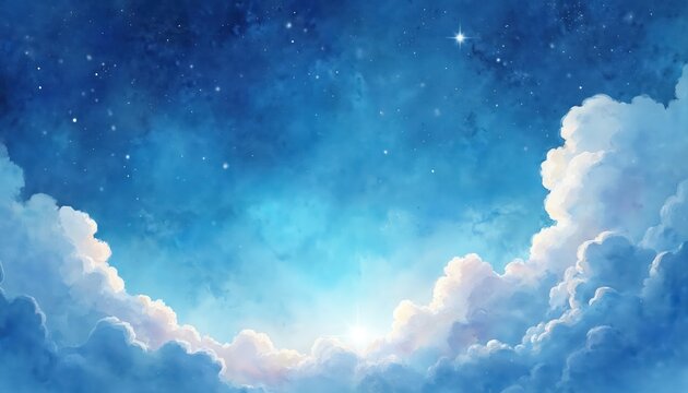 Watercolor blue sky background with clouds and sparkling stars. Galaxy universe illustration. Azure light, white cloudscape and night sky. Dreamy celestial wallpaper. Fantasy space, light backdrop.