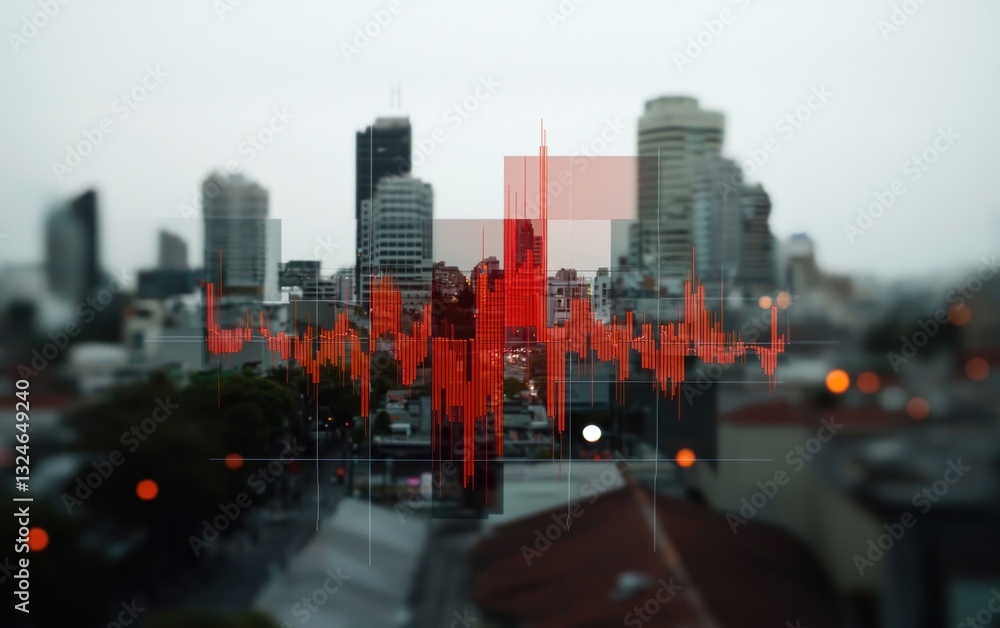 Poster abstract cityscape with red data graph overlay at dawn