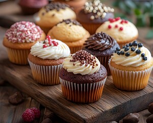 Artistic Display of Muffins and Cupcakes on a Rustic Wooden Table &ndash; Generative AI