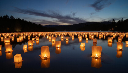 Floating lanterns glowing on calm lake at dusk, memory and farewell