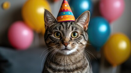 Tabby cat in birthday hat with colorful balloons celebrates party