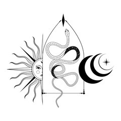 Celestial snake tattoo design intertwines sun and moon with mystical doodle elements