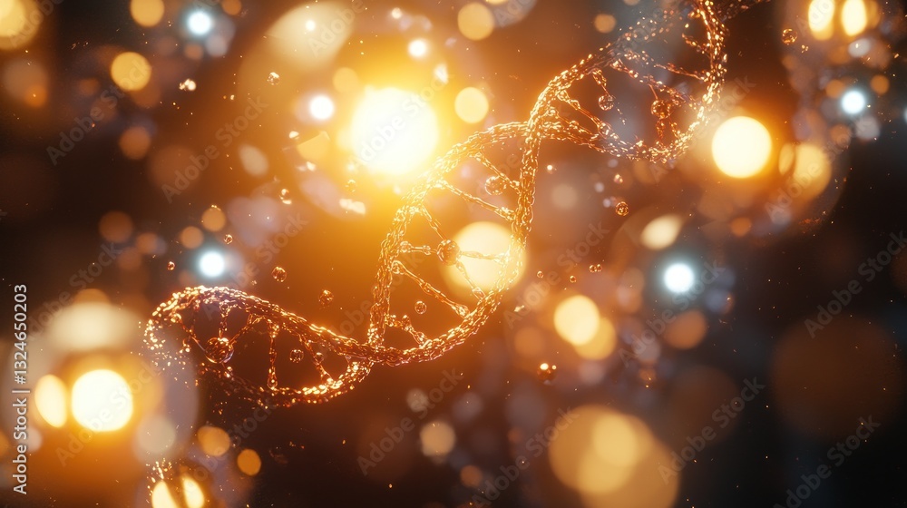 Poster glowing dna helix with bokeh lights.