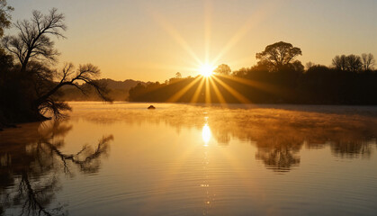 Obraz premium Tranquil river reflecting golden sunrise light, peaceful remembrance