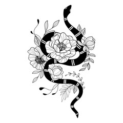 Mystical serpent entwined with celestial flowers in a delicate tattoo design