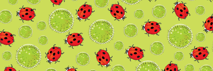 Bright green seamless pattern featuring playful ladybugs and green fluffy, spring, summer to fabrics, stationery, or digital backgrounds