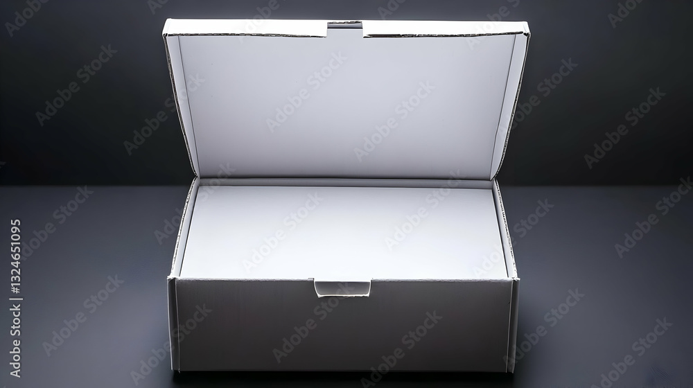 Poster white open box on dark surface perspective top angle view emphasizing inside space and minimalist de