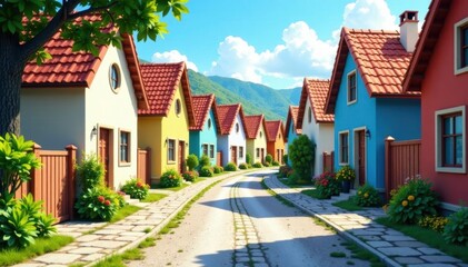 Curving road lined with charming, colorful houses , charming, sun