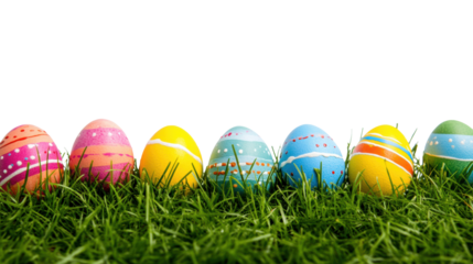 Colorful Easter eggs displayed on fresh green grass on a transparent background, cut out