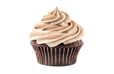 Delicious chocolate cupcake topped with creamy frosting swirls on a transparent background, cut out