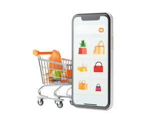 Mobile shopping and grocery cart in a digital marketplace on a transparent background, cut out