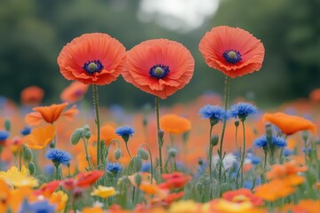Obraz premium Three vibrant poppies stand tall in a colorful flower field