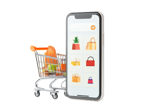 Mobile shopping and grocery cart in a digital marketplace on a transparent background, cut out