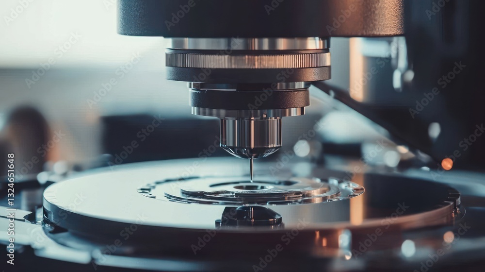 Poster close-up of a precision measurement instrument's probe tip above a sample.