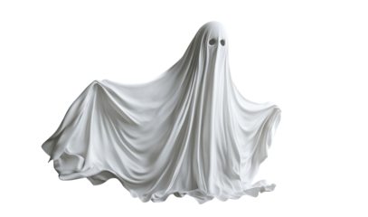 Ghost figure draped in white fabric with eye cutouts on a transparent background, cut out