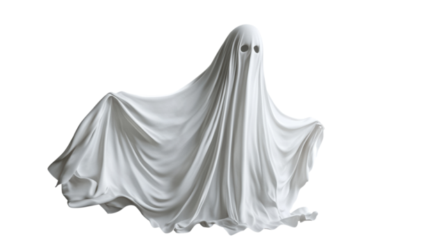 Ghost figure draped in white fabric with eye cutouts on a transparent background, cut out