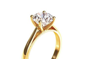 Elegant gold engagement ring with a brilliant diamond setting on a transparent background, cut out
