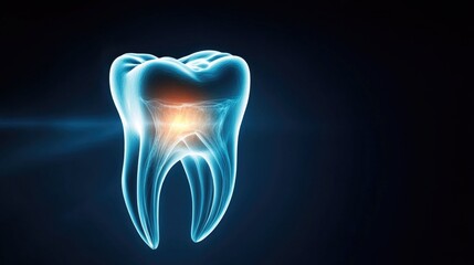 Glowing 3d tooth with visible nerve structure on dark background