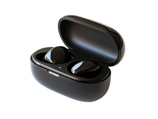 Wireless earbuds in a sleek charging case on a plain background