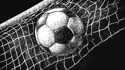 Black and white sketch of a soccer ball in a net drawn in an engraving style like on a scratch board.  