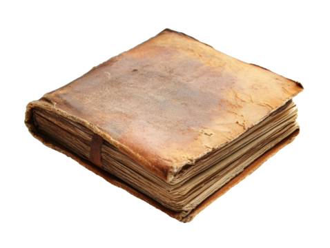 Old leather-bound book resting on a table with worn edges on a transparent background, cut out