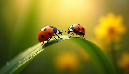 Naklejka premium ladybug on green leaf