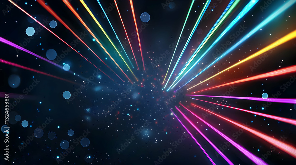 Poster vivid rainbow colored light rays emanating from center against dark background with sparkling partic