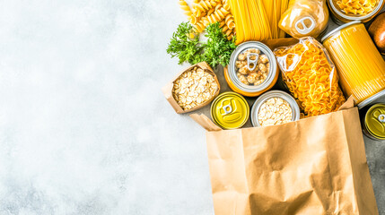 Paper grocery bag filled with fresh vegetables, fruits, pasta, oatmeal, and canned goods on a white table. Food shopping, delivery, donation concept. Healthy eating, nutritious food.