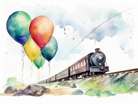 A beautiful imaginative watercolor illustration of a train running on elevated tracks in the air